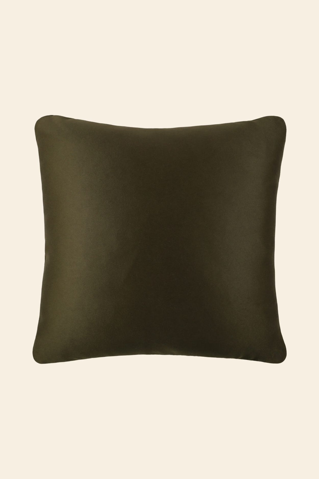 De voorkant van een groen sierkussen in een vierkant formaat.