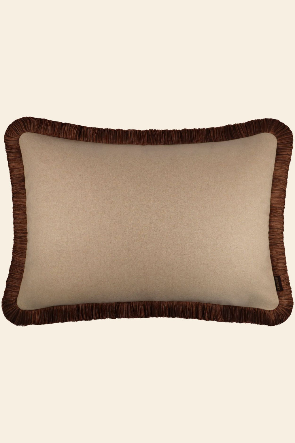De voorkant van een beige sierkussen met bruine franjes.